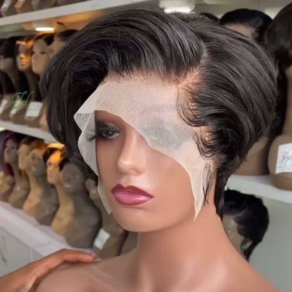 SHORT BLACK TRANSPARENT FRONTAL PIXIE WIG-100% VIRGIN HUMAN HAIR. GREAT FOR SUMM